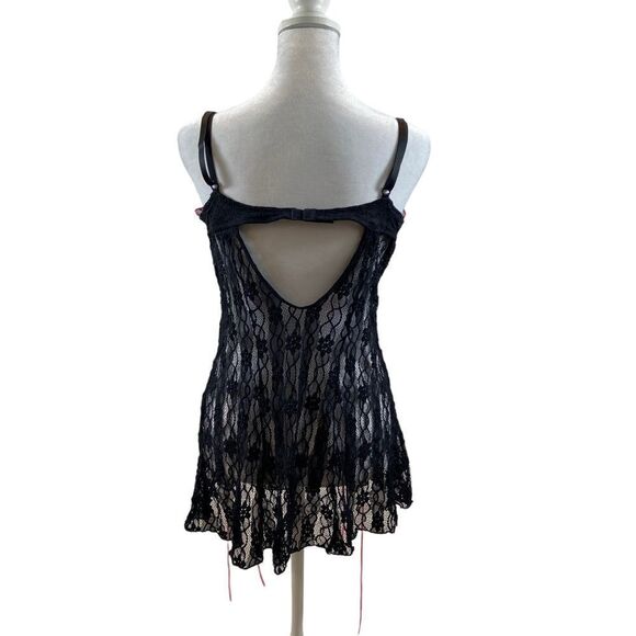 Lover’s Lane Black Lace and Pink Ribbon Lace Up Teddy Lingerie Size Large‎ - Picture 2 of 12
